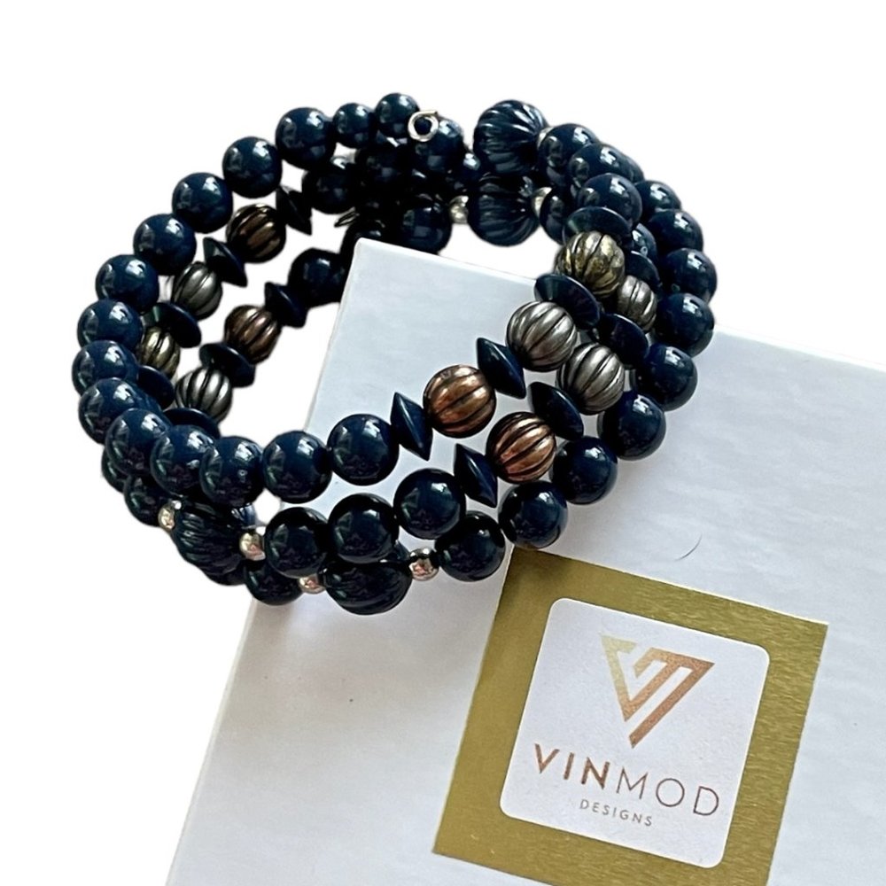 Vintage Navy, Bronze & Brass Beads Upcycled - VINMOD Designs Wire Bracelet